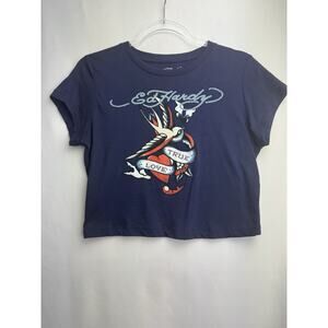 Ed Hardy Swallow Bird Cropped Baby Tee Navy Blue Women’s Large Y2K Tattoo